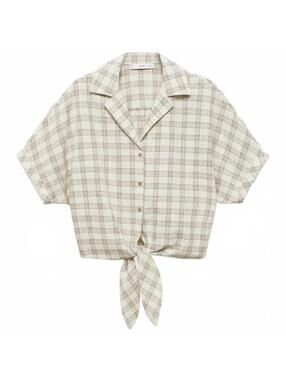 Mango Gingham Check Crop Shirt Top Ecru Beige Tan NWT Size 4/Small